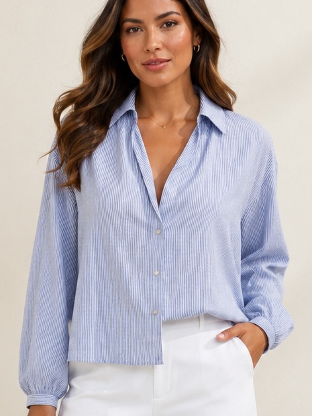 Zara Light Blue Button-Down Top with White Wide-Leg Trousers